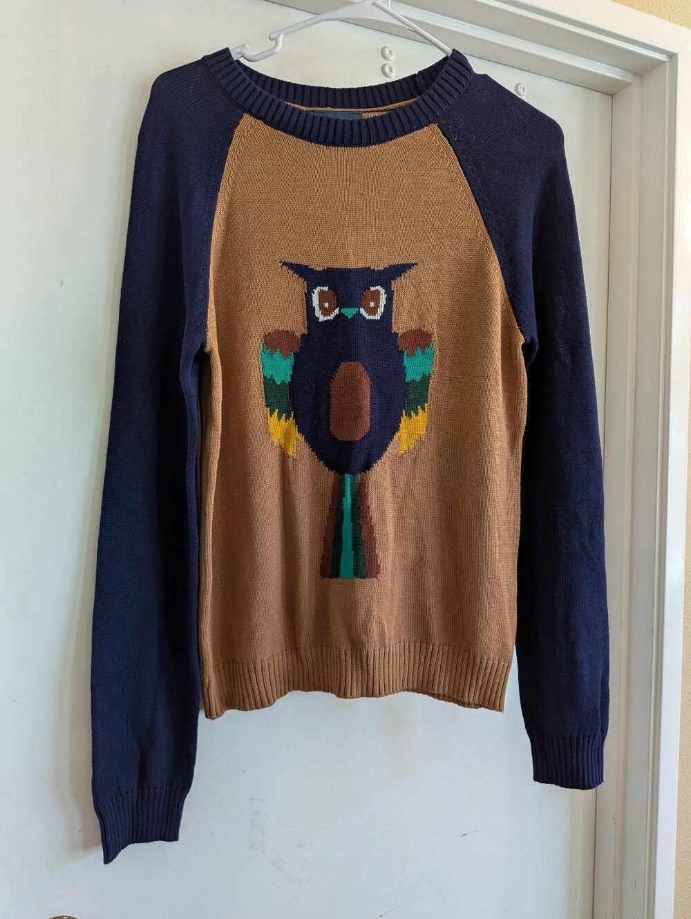 Modcloth Brown & Navy Owl Intarsia Crewneck Sweater Sample Size Small Oversized